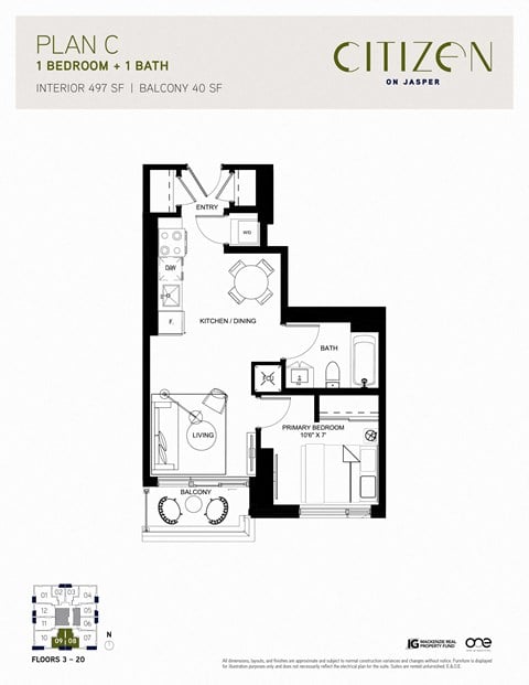 Floor plan for 1 bed, 1 bath, 497 sqft